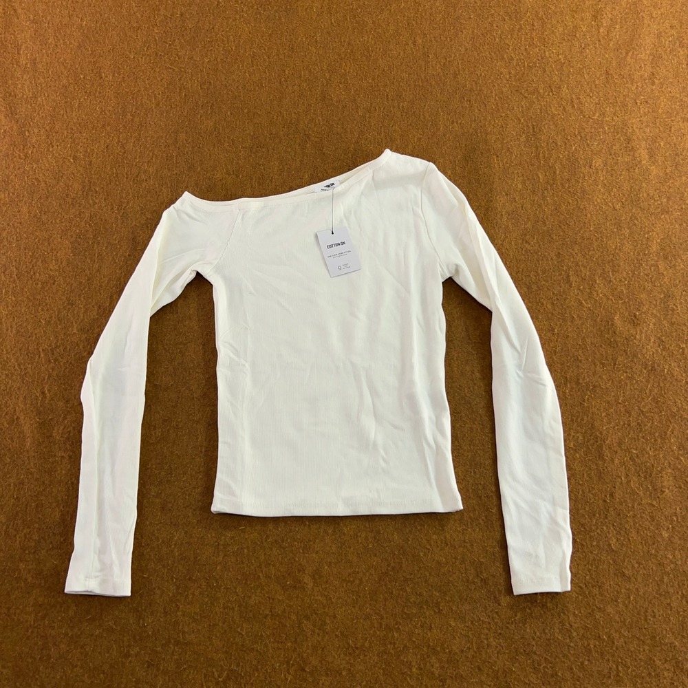 Cotton On Women XS White Essential Rib Asymmetric Long Sleeve Top NWT